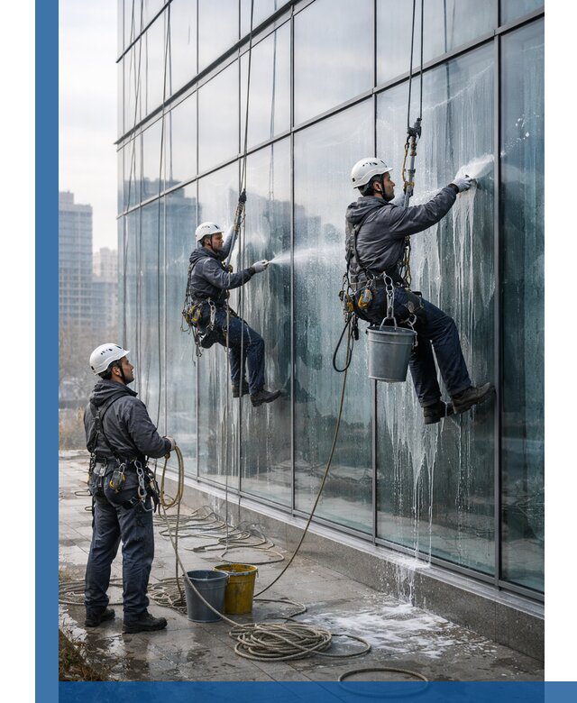 Промышленная мойка панорамных окон на высоте в Якутске