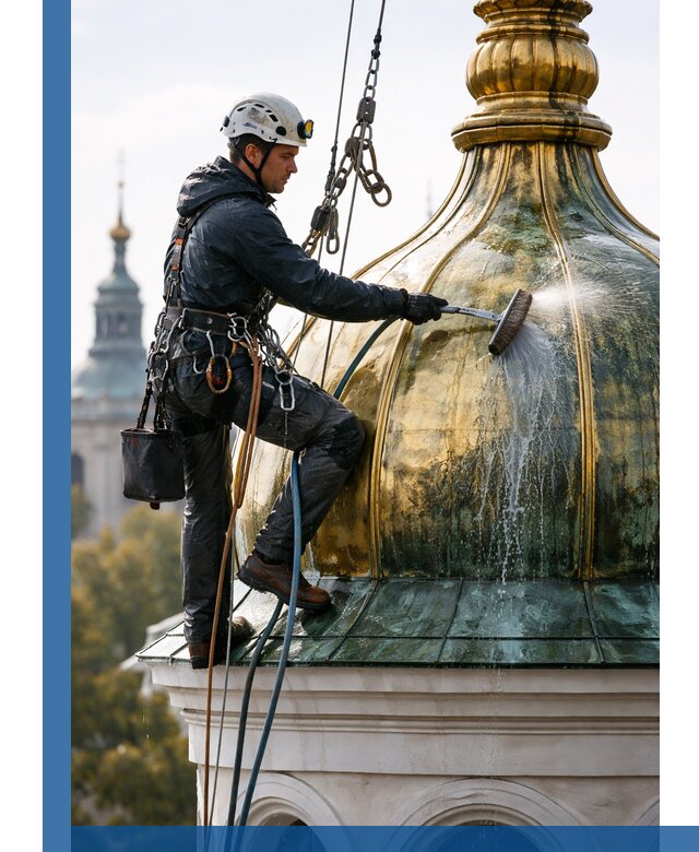 Профессиональная мойка куполов и шпилей высотными альпинистами в Якутске