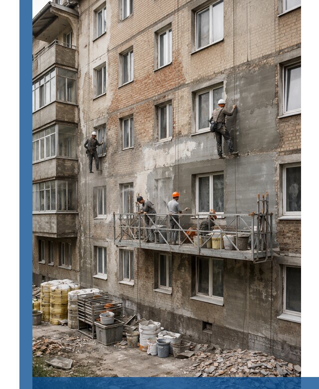 Капитальный ремонт фасада в Якутске с восстановлением и гидроизоляцией