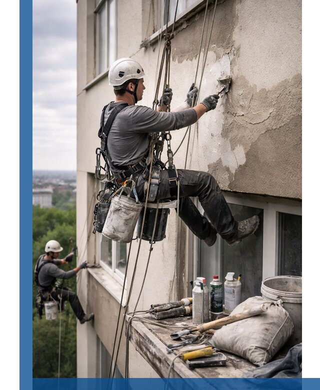 Косметический ремонт фасада зданий в Якутске промышленными альпинистами