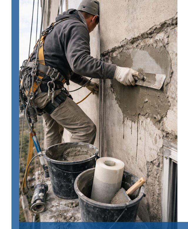 Ремонт бетонных элементов фасада промышленными альпинистами в Якутске