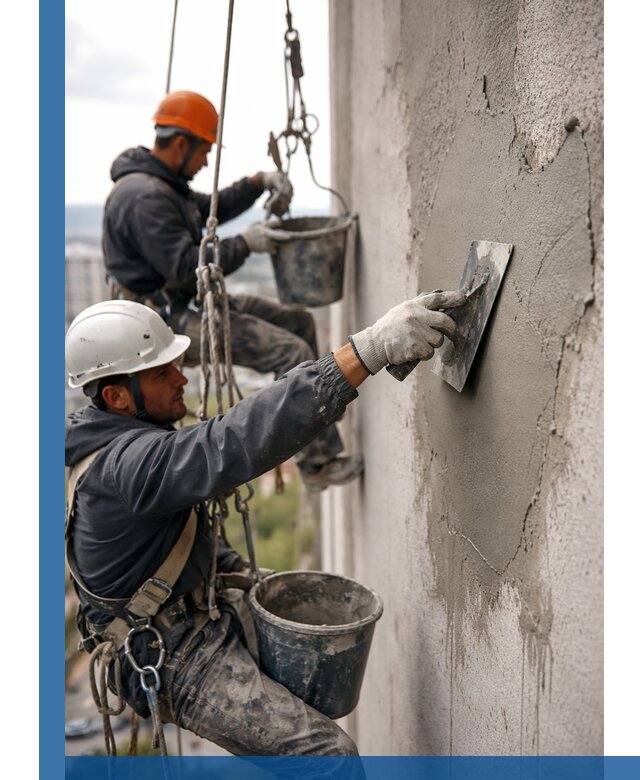 Штукатурка фасада на высоте в Якутске профессиональные работы