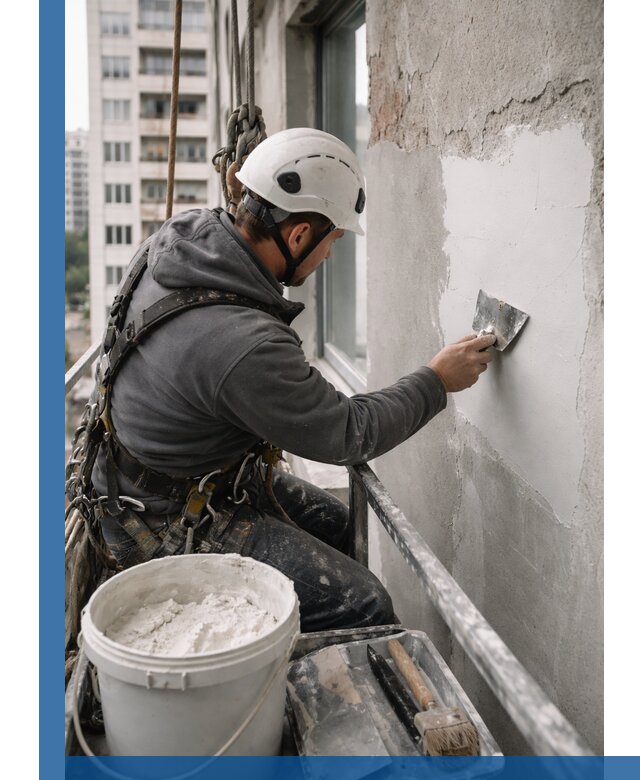 Шпаклевка фасадов на высоте с промальпинистами в Якутске