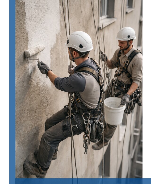 Грунтовка фасада на высоте в Якутске промышленными альпинистами