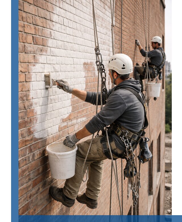 Покраска кирпичного фасада с доступным альпинистским сервисом в Якутске