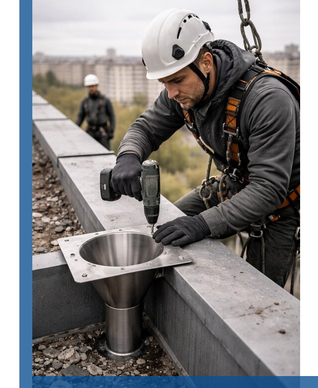 Монтаж водосточных воронок в Якутске для промышленных зданий