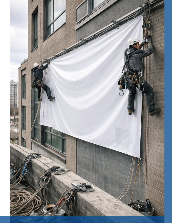 Монтаж баннеров на фасаде в Якутске от 677 р. заказать ВЫСОТНИК-Ктс