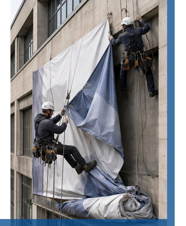 Демонтаж баннеров с фасада в Якутске от 4687 р. | ВЫСОТНИК-Ктс