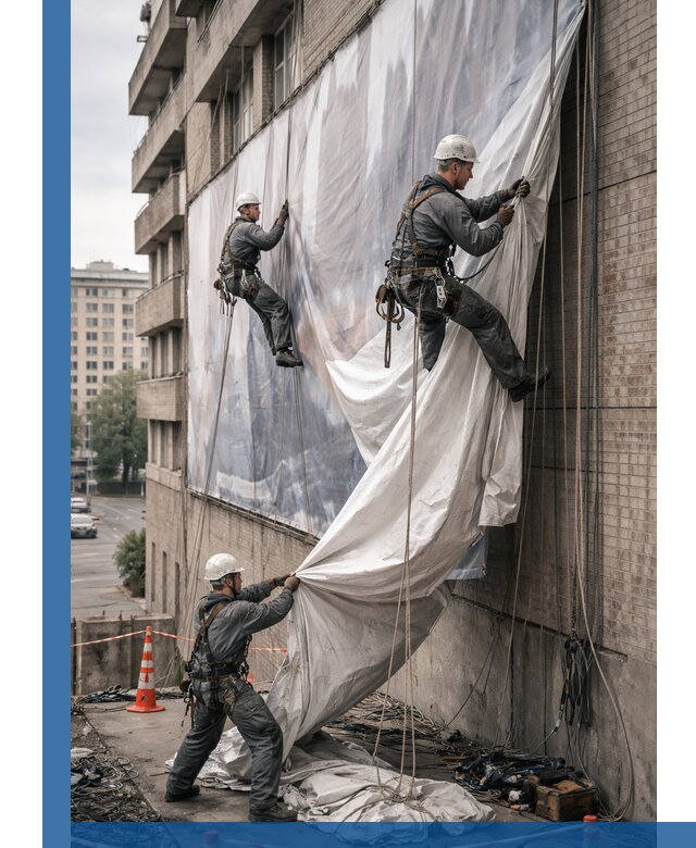 Демонтаж баннеров с фасада в Якутске оперативно и безопасно