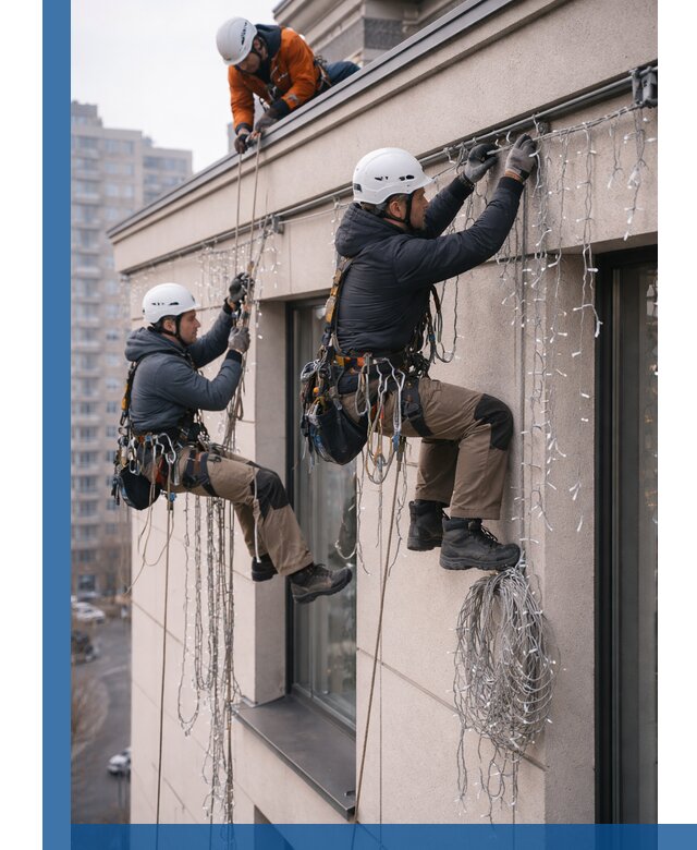 Монтаж праздничных гирлянд на фасаде в Якутске для зданий