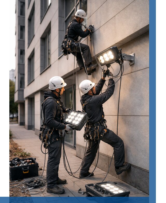 Монтаж прожекторов на фасаде в Якутске от 7811 р. | ВЫСОТНИК-Ктс
