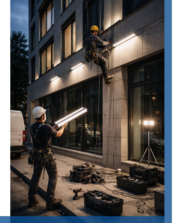 Монтаж архитектурной подсветки здания в Якутске от 2604 р.|ВЫСОТНИК-Ктс