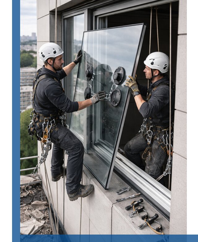 Замена стеклопакетов на высоте с промышленными альпинистами в Якутске