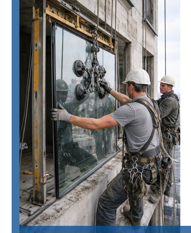 Монтаж стеклопакетов на высоте в Якутске с промышленным альпинизмом