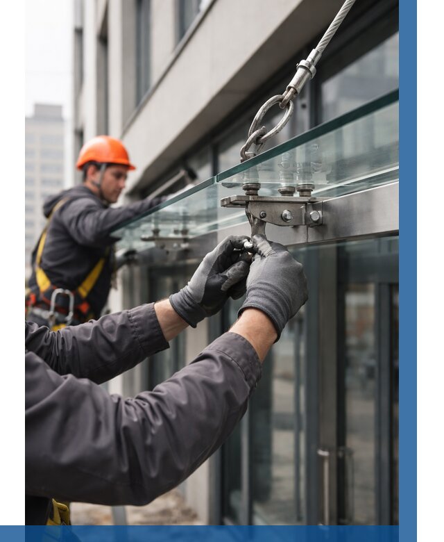 Монтаж стеклянных козырьков в Якутске от 8853 р. | ВЫСОТНИК-Ктс