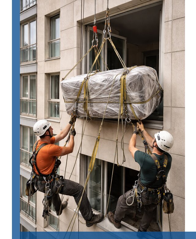 Подъем грузов через окно в Якутске промышленными альпинистами