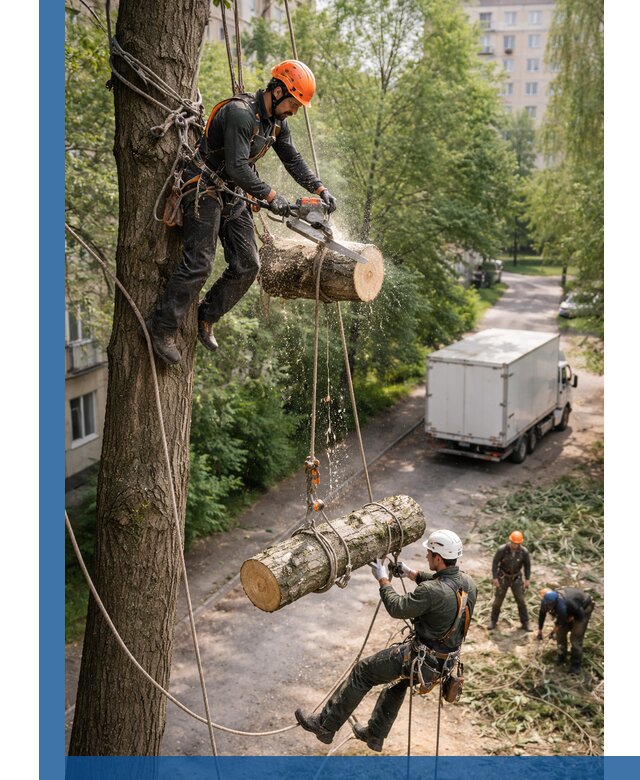 Спил деревьев альпинистами в Якутске, безопасно и без повреждений