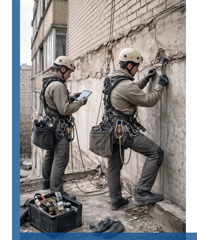 Обследование фасада промышленными альпинистами в Якутске